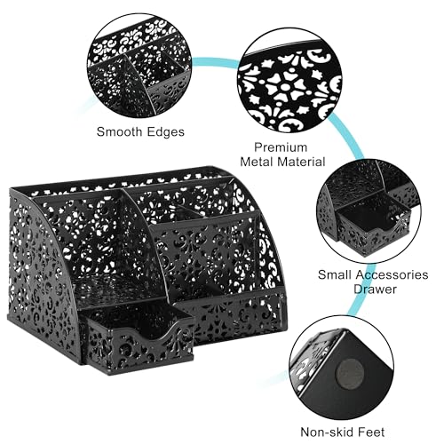 Desk Organizer and Pen Holder for Desk, Mesh Office Supplies Storage Caddy with Drawer for Small Space, Desktop Organizer for Home Office, Black - view 4