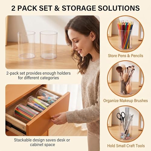 2Pcs 10x6.5cm Clear Acrylic Pen Holder, Round Cylinder Desktop Organizer, Multipurpose Storage Cup for Makeup Brushes, Stationery and Daily Small Items, for Home, School and Office Use - view 5