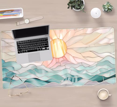 Desk Mat Gaming Desk Pad Large Mouse and Keyboard Pad, Abstract Serene Ocean Sunrise Mouse Mat XXL, Pastel Desk Protector Mat Computer Mats for Desktop Sun & Waves Office Decor 31.5" x 15.7" - view 5