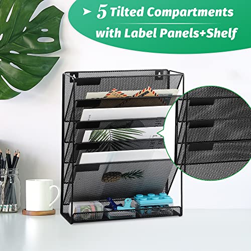Desk File Organizer Mesh 6-Tier, Hanging Wall Mount Document Organization Stand, Desktop Vertical Mail Paper Folder Holder Rack with Bottom Tray for Office Home Cubicle Countertop, Black - view 3