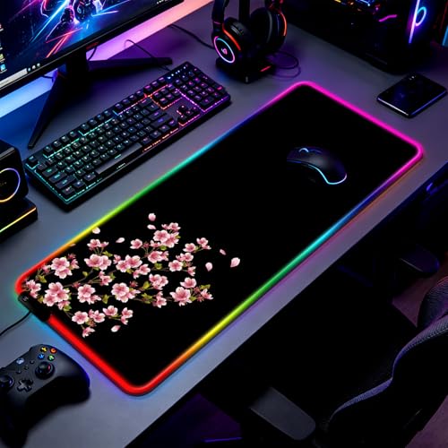RGB Japanese Cherry Blossom Gaming Desk Mat, Sakura XL Mouse Pad - view 2