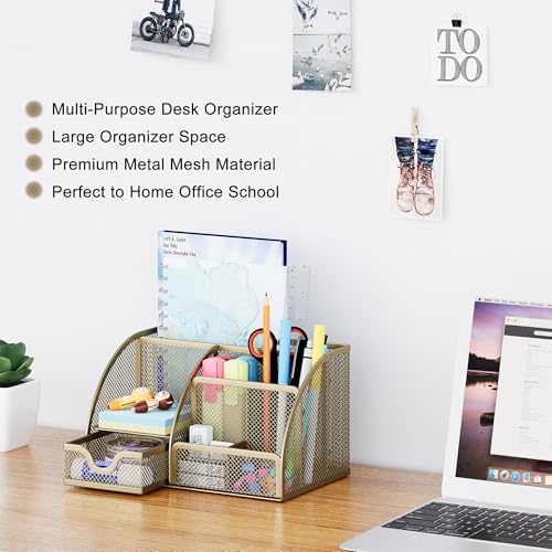 Mesh Desk Organizer with Drawer Multi-functional Pen Holder Stationery Organizer for Office School Supplies 6 Compartments Dorm Organizers and Storage for Desk, Gold - view 2