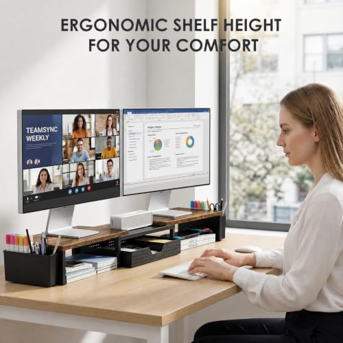 Desk Organizers and Accessories, Dual Monitor Stand Riser with Drawer and 2 Pen Holders, Desk Shelf Computer Racks & Printer Stand for Office Workspace Organizers, Desktop Organization (Rustic Brown) - view 2