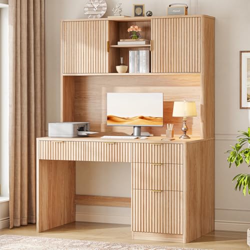 67" H Executive Desk with Fluted Drawers,4 Drawers Fluted ComputerDesk,Wood Workstation with Hutch and BarnDoors for Work and Study,Oak - view 7