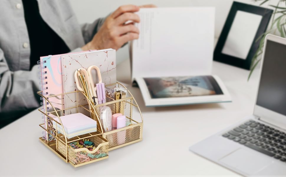 Desk Organizer Metal Mesh 7 Compartments Office Tidy Caddy Gold | Compact Gold Metal Mesh Design with Drawer and Multi Size Sections for Pens Notes Papers and Home Office Items - view 5