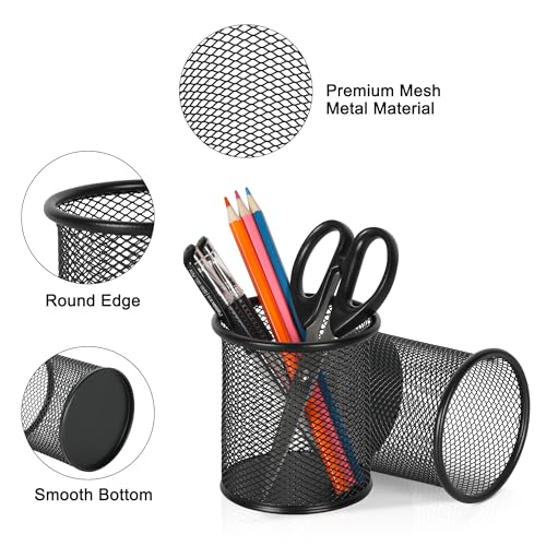 Pencil Holder for Desk, 2 Pack Metal Pen Organizer, Mesh Pencil Cup Organizer for Home, Office, Classroom, School, Black - view 2
