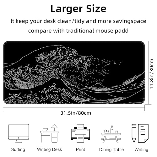 Japanese Sea Wave Extended Big Mouse Pad Large,XL Gaming Mouse Pad Desk Pad,31.5x11.8inch Long Computer Keyboard Mouse Mat Mousepad with 3mm Non-Slip Base and Stitched Edge for Home Office Work - view 2