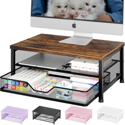 Computer Monitor Stand Riser, Desk Organizer with Drawer, Printer & Laptop Stand, Office Desk Accessories & Workspace Desktop Organizers Storage for Office Supplies(Brown)