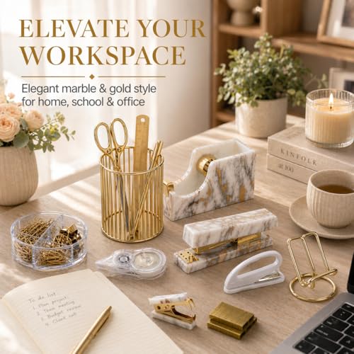 Office Desk Supplies Accessories Women - Women Marble Desk Decor Set Gold - view 3