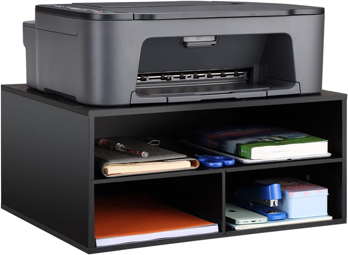 Printer stand for desk - 2 tier desktop printer stand with paper storage, printer riser organizer for home office, holds up to 30 lbs, black