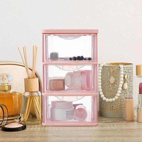 Pink Drawer Storage Box - 3 Drawer Plastic Organizer for Desk Makeup Stationery and Small Items - 9.05 X 6.88 X 5.31 Inch - view 2