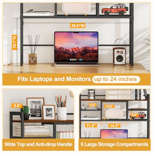 Desk Shelf, 38.6" Desktop Bookshelf, Desk Hutch Dorm, Countertop Storage Hutch with 5 Shelves for Computer Desk, Multipurpose Wood Desktop Display Organizer Rack for Home Office Dorm - view 6