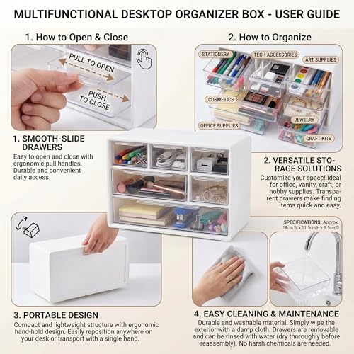 Small Drawer Organizer for Desk with 6 Clear Drawers, Mini Desktop Storage Box Plastic Craft Organizer for Office School and Home, White Drawer Organizer for Small Items Accessories Supplies - view 4