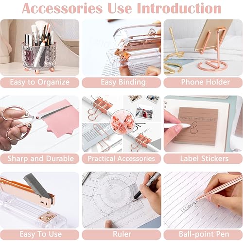 Rose Gold Desk Accessories, Office Supplies Desk Organizers 360°Pen Holder Acrylic Stapler Set, Phone Holder, Ballpoint Pen, Scissor, Binder Clips, Ruler, Transparent Glue, Sticky Note and Staples. - view 5
