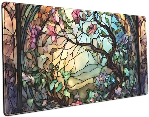 Stained Glass Tree Desk Mat Cartoon Tree Gaming Mouse Pad Large XXL Extended Desk Matt for Desktop, Laptop Computer Keyboard Mouse Mat for Women Office Decor Accessories Deskmat 31.5''x15.7''