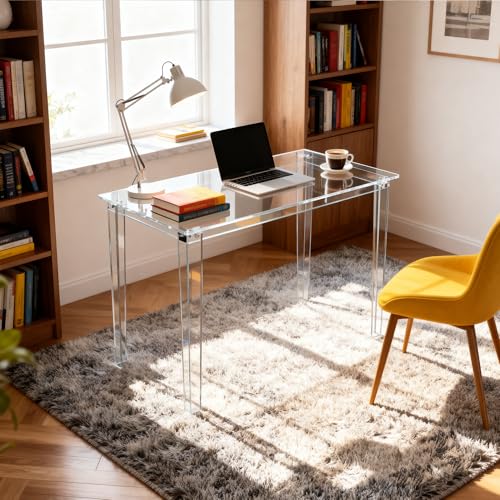 Clear Acrylic Writing Desk & Modern Round Acrylic Side Table Bundle, 2-Piece All-Clear Transparent Furniture Set for Home Office, Living Room, Bedroom & Lobby, Space Saving Easy Assembly Combo - view 7
