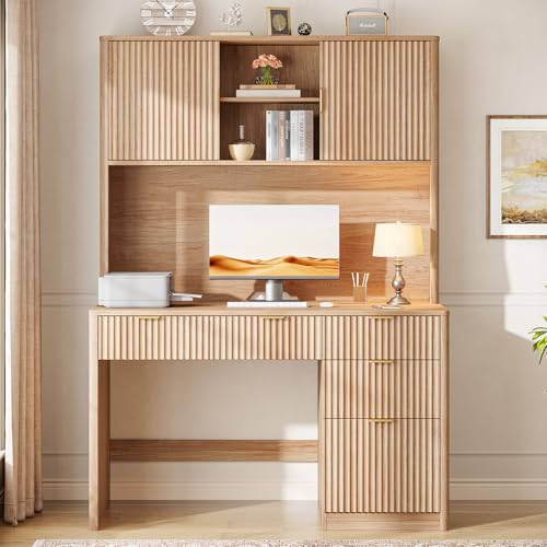 67" H Executive Desk with Fluted Drawers,4 Drawers Fluted ComputerDesk,Wood Workstation with Hutch and BarnDoors for Work and Study,Oak - view 6
