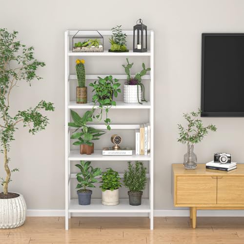 White Ladder Shelf, Bamboo 4-Tier Bookshelf & Bookcase Organizer - view 5