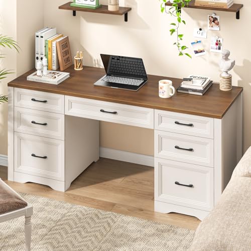 Farmhouse Executive Desk, Wood Home Office Desk with 2 Large File Drawers and 5 Storage Cabinets, Rustic Writing Desk for Work and Study, Brown - view 3