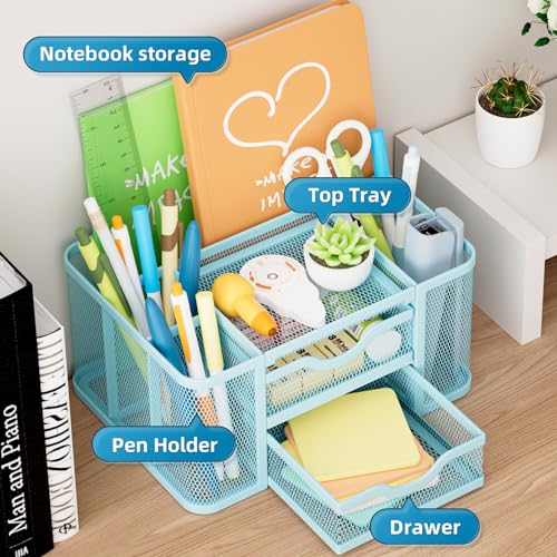 Mesh Desk Organizer, Pen Organizer with 2 Drawer, Multi-Functional Pencil Holder, Desk Organizers and Accessories with 5 Compartments + Drawer for Office Art Supplies (Blue) - view 2