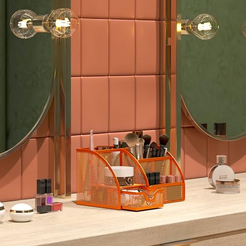 Mesh Desk Organizer with Drawer Multi-functional Pen Holder Stationery Organizer for Office School Supplies 6 Compartments Dorm Organizers and Storage for Desk, Orange - view 6