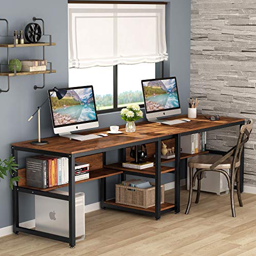 Two Person Desk with Bookshelf, 78.7 Computer Office Double Desk for Two Person, Rustic Writing Desk Workstation with Shelf for Home Office (Brown) - view 2