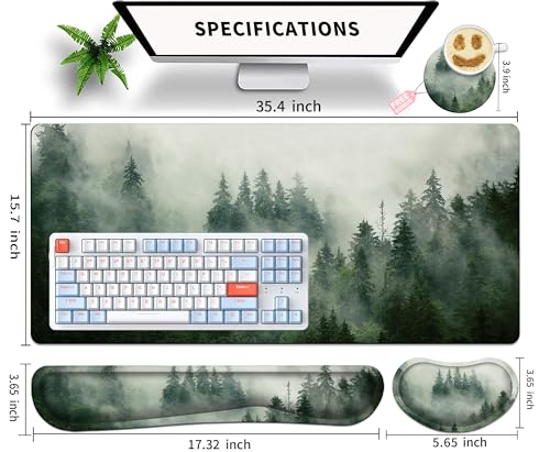 Forest Desk Pad Large Gaming Mouse Pad Set 35.4 x 15.7 with Keyboard Wrist Rest, Wrist Support, and Coaster Memory Foam Smooth Desk Pad Mousepad for Home Office School - view 5