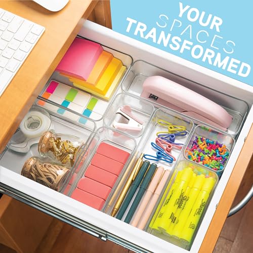 Eight Piecs. Plastic Clear Drawer Organizers for Bathroom, Kitchen, Bedroom, Office Organizer Bins, Storage Trays. Heavy Duty, Stackable 4 Sizes - view 2