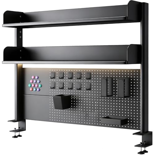Clamp On Desk Pegboard Shelf - Metal Desktop Organizer Hutch with 2 Shelves