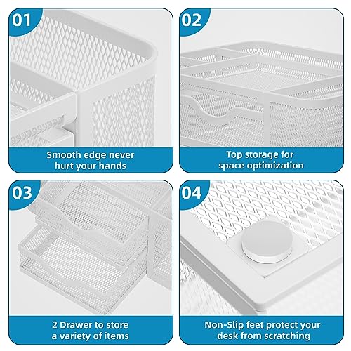 Mesh Desk Organizer, Pen Organizer with 2 Drawer, Multi-Functional Pencil Holder, Desk Organizers and Accessories with 5 Compartments + Drawer for Office Art Supplies (White) - view 6