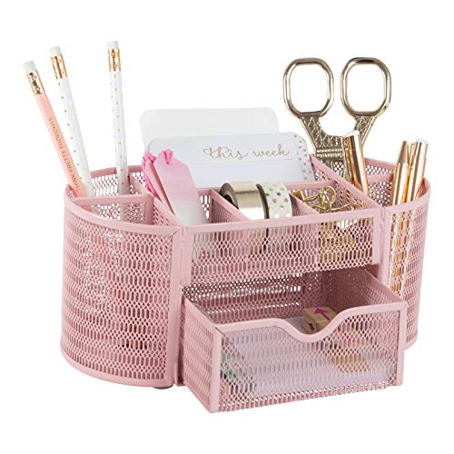 Pink Desk Organizers Metal Mesh Stationery Holder | Wire Mesh Desk Organizer with Compartments | Desk File Folder Organizer for Office Accessories