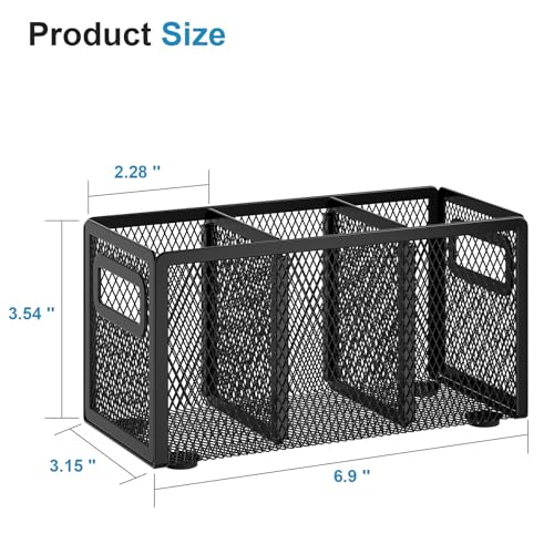 Mesh Pen Holder for Desk, Pencil Holder Desk Organizer 3 Adjustable Compartments, Pencil Cup with Handle Perfect for Classroom, Office, Home, Makeup, Art (Black) - view 2