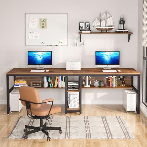 Two Person Desk with Bookshelf, 78.7 Computer Office Double Desk for Two Person, Rustic Writing Desk Workstation with Shelf for Home Office (Brown) - view 5