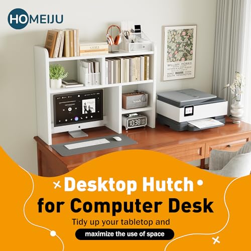 Desk Shelf, Desktop Hutch with 6 Storage Areas, Desktop Organizer Shelf with 27" Large Monitor Compartment, Multipurpose Wood Desktop Display Rack for Computer Desk, Dorm, Office, Home (White) - view 3