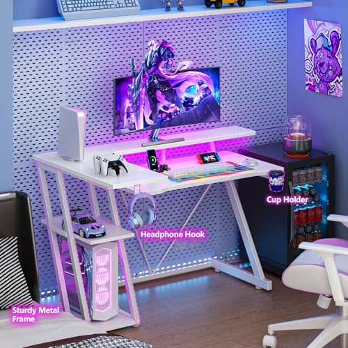40 Inch Gaming Desk with Power Outlet, LED, Carbon Fiber White - view 6