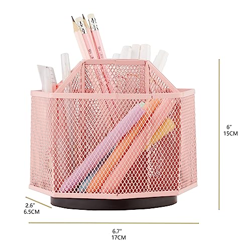 Mesh Desk Organizer Rotate with 5 Compartments Spinning Tidy Candy/Pen Holder Office, Art Supply, Storage, Classroom, Home (Light Pink) - view 2