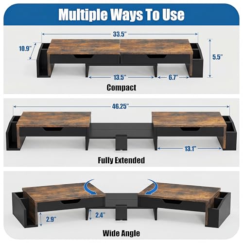 Desk Dual Monitor Stand Riser with 2 Drawers, Rustic Brown - view 2