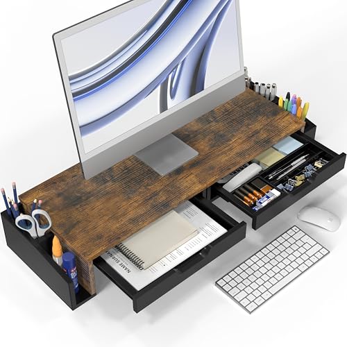 Desk Dual Monitor Stand Riser with 2 Drawers, Rustic Brown - view 3