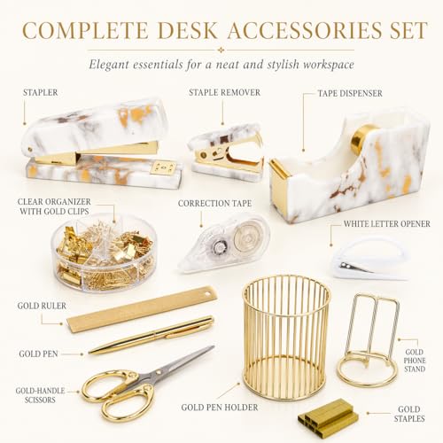 Office Desk Supplies Accessories Women - Women Marble Desk Decor Set Gold - view 2