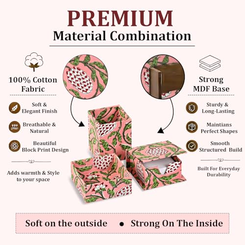 Strawberry Pink Block Print Desk Organizer Pen & Notepad Holder Set-3 - view 3
