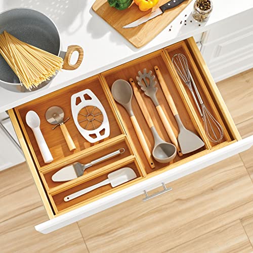 Slim Wooden Bamboo Drawer Organizer for Office - 12" Long Stackable Storage Box Tray for Desk Drawers/Cabinet - Junk Drawer and Accessories Organization - Echo Collection, 2 Pack, Natural Wood - view 3