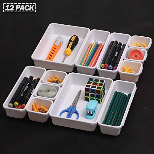 Set of 12 Interlocking Desk Drawer Organizer Tray Dividers Plastic Shallow Narrow Drawers Organizers Separators Storage Bins Container for Kitchen Bathroom Makeup Office Vanity Bedroom Dresser White - view 7