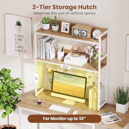 Desktop Bookshelf, Multipurpose 2-Tier Desk Hutch with Pegboard, Industrial Countertop Storage Organizer Rack for up to 32" Computer Monitor, Hutch for Dorm Home Office (Natural) - view 6