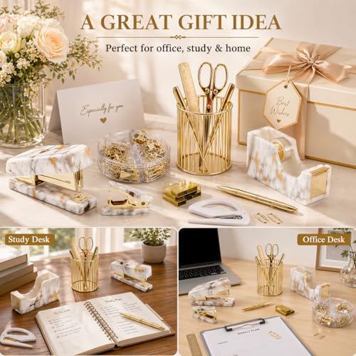 Office Desk Supplies Accessories Women - Women Marble Desk Decor Set Gold - view 5