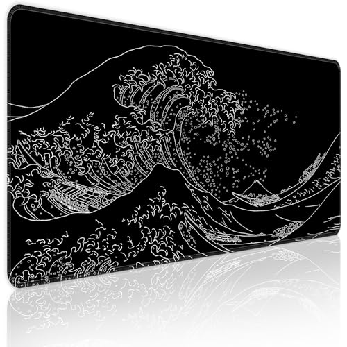 Japanese Sea Wave Extended Big Mouse Pad Large,XL Gaming Mouse Pad Desk Pad,31.5x11.8inch Long Computer Keyboard Mouse Mat Mousepad with 3mm Non-Slip Base and Stitched Edge for Home Office Work