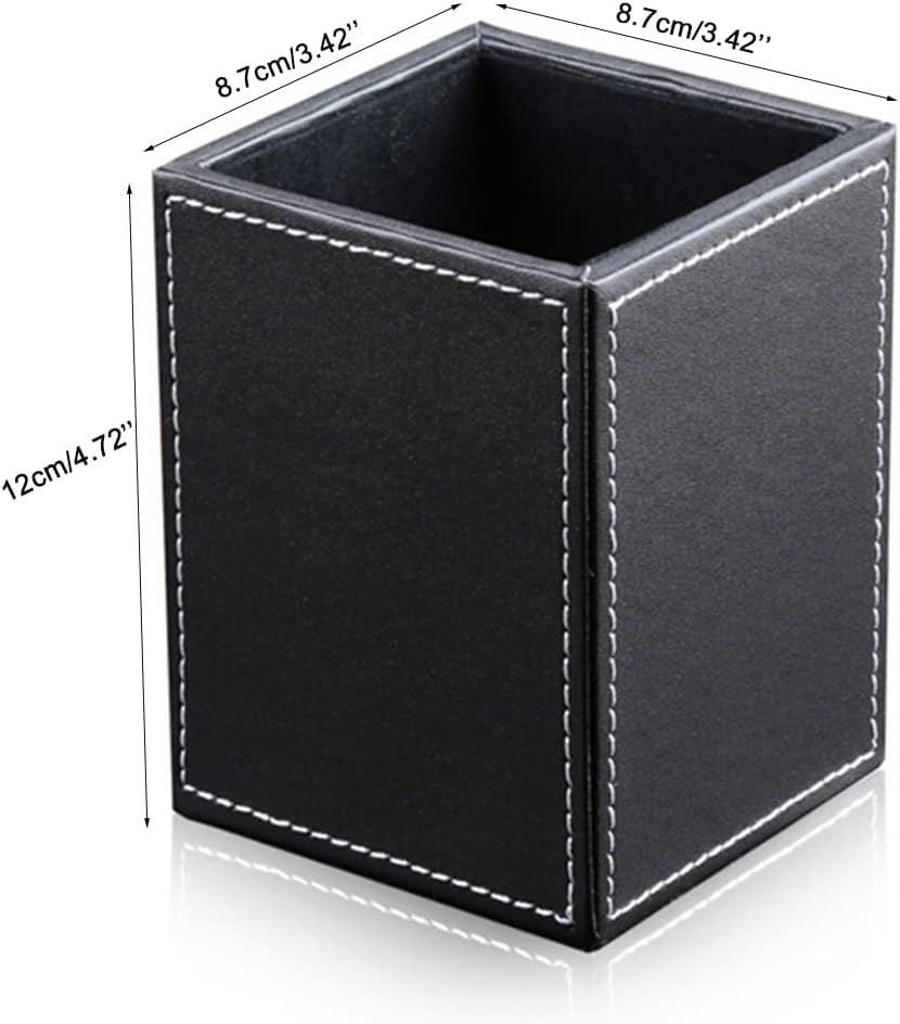 PU Leather Square Pens Pencils Holder Cup Desktop Stationery Organizer Case Office Accessories Container Box (black) - view 3