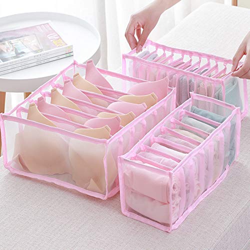 Foldable Underwear Storage Box, 3Pcs Set Organizer Drawer Divider Compartment, Nylon Divider Bra Socks Panty Storage Bag (Pink) - view 2