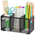 Mesh Pen Holder for Desk, Pencil Holder Desk Organizer 3 Adjustable Compartments, Pencil Cup with Handle Perfect for Classroom, Office, Home, Makeup, Art (Black)