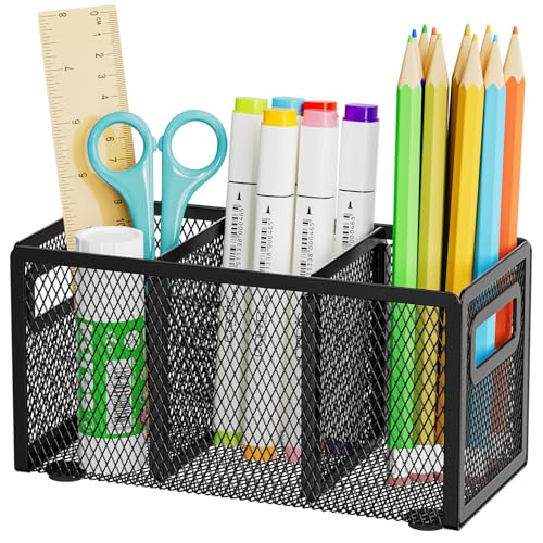 Mesh Pen Holder for Desk, Pencil Holder Desk Organizer 3 Adjustable Compartments, Pencil Cup with Handle Perfect for Classroom, Office, Home, Makeup, Art (Black)