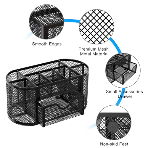 Mesh Pen Holder Desk Organizer with Drawer Stationery Supplies Organizer for Dorm School 9 Compartments Workspace Desk Accessories Organization for Office, Black - view 4